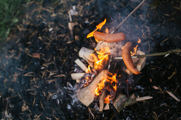 Sausage roasting on fire. Bonfire cooking in forest. Campfire picnic outdoor. Heating up food on wooden stick. Natural eco barbecue meat smoking.