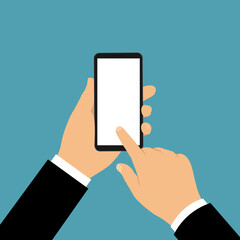 Hand of a manager or businessman holding a black mobile phone with a blank white display. He points to the touch screen with his index finger, vector