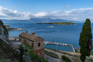 Fototapeta premium Corfu Town Greece island Old Venetian Fortress view of Albania mountain range Mediterranean ocean