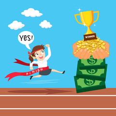 Businesswoman crossing finish line, illustration vector cartoon