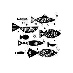 Set of black silhouette of different fish with doodle boho pattern and bubbles. School of fish. Vector lagoon object for postcards, coloring pages, banners and your design.