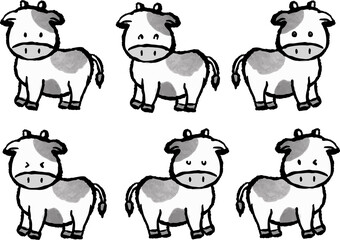筆線の牛全身の表情セット