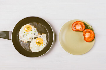 Top view of fried eggs in frying pan next to plate with tomato slices