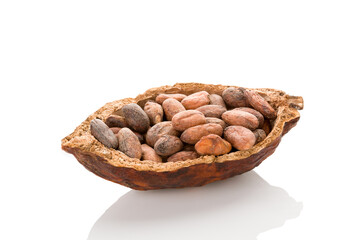 Unpeeled cocoa beans in a pod on white background.