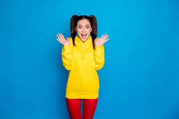 Photo of pretty crazy lady two tails hairdo raise arms up listen amazing good news screaming wear...