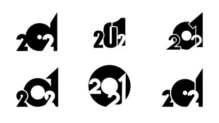 Set of black flat icons Happy New Year 2021. Executed in different styles and compositions with overlap on each other,