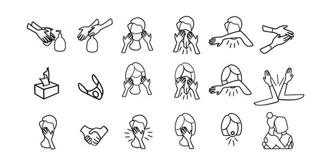 A big simple set of Coronavirus security related icons. stock illustration isolated on white background. Contains icons such as Hand Wash, Masked Man, Handshake, and more. Editing Set.