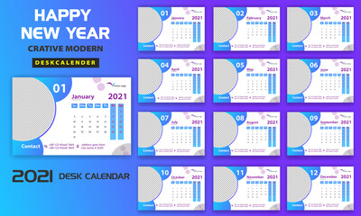 2021  Desk calendar design template Set of 12 Months, Week starts Monday, Stationery design, calendar