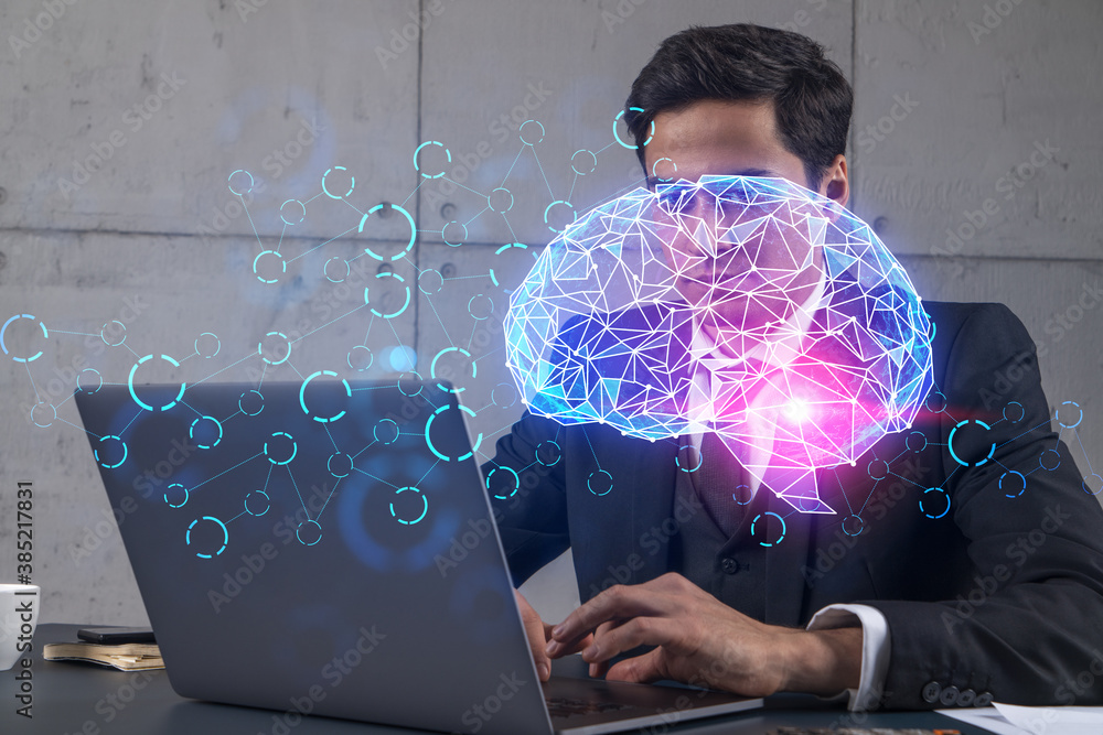Poster businessman in office working with laptop technology ai typing computer assemble data drawing concep
