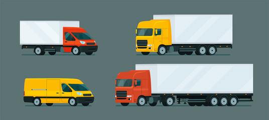 Set of light and heavy duty trucks. Vector flat style illustration. © lyudinka