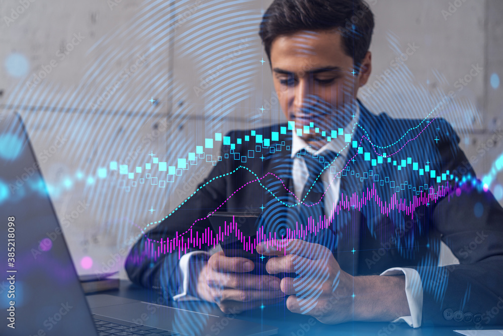 Poster trader in office working with smartphone, forex graph hologram to analyze market behavior, typing ph