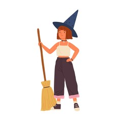 Cute girl in witch hat standing with a broomstick. Portrait of funny little wizard or sorcerer holding magic broom. Young female mage with red hair. Flat vector cartoon illustration isolated on white