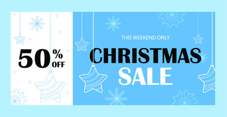 
vektornoye izobrazheniye rozhdestvenskoy rasprodazhi v 50 % na golubom i belom fone so snezhinkami i yelochnymi igrushkami.
vector image of a Christmas sale at 50% on a blue and white background with