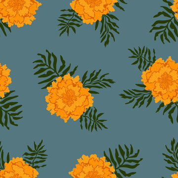 Autumnal floral pattern with bright marigolds on dusky blue background