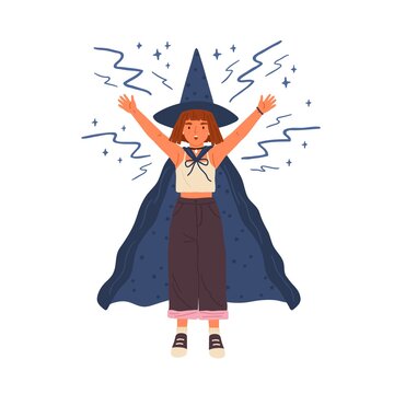 Cute girl in witch hat and cloak conjures. Young female wizard or sorcerer casts spell with raised hands. Young magician with red hair. Flat vector cartoon illustration isolated on white