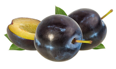 Fresh plums with leaf isolated on white background  with clipping path