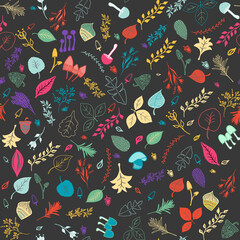 Autumn colorful floral seamless pattern with leaves, mashrooms, flowers and pine, doodle, cartoon style, vector illustration