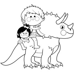 Cavemen children riding a triceratops prehistoric animal. Vector black and white coloring page © stockakia