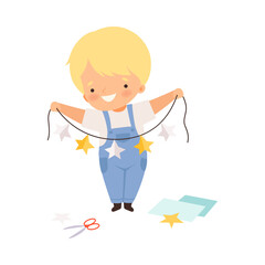 Smiling Boy Holding Made from Paper Star Garland Vector Illustration