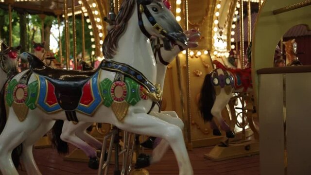 Carousel Merry-go-round in amusement park at night city. Horse carousel