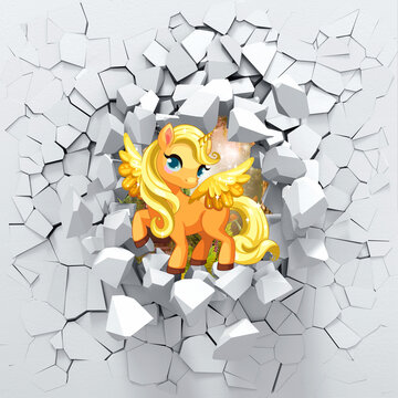 3d background,pony peeping from a broken wall.3D wall looks very lovely and also brings different colors to room! It will visually expand children's room and become an accent in the interior © ismail