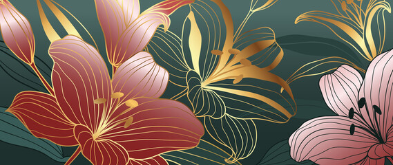 luxury gold floral line art wallpaper vector. Exotic botanical background, Lily flower vintage boho style for textiles, wall art, fabric, wedding invitation, cover design Vector illustration..