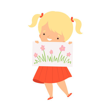 Smiling Girl Showing Paper with Pictured Flower Vector Illustration