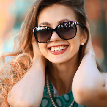 cheerful blonde in sunglasses / young beautiful girl, sunglasses, woman summer look