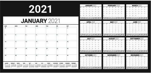Year 2021 desk calendar vector illustration, simple and clean design. 
