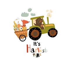 Cartoon happy animals riding on tractor with harvest