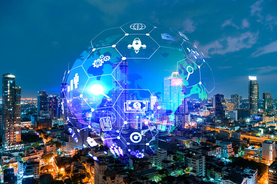 Research and technological development glowing icons. Night panoramic city view of Bangkok. Concept of innovative activities expanding new services or products in Asia. Double exposure.