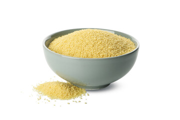 Bowl with raw couscous isolated on white background