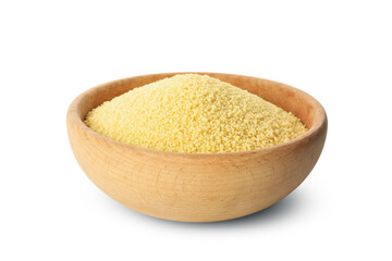 Bowl with raw couscous isolated on white background