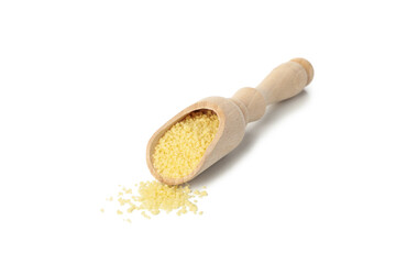 Scoop with raw couscous isolated on white background