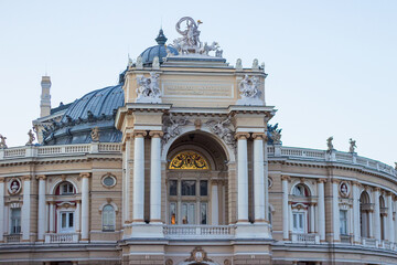 Close up view of the Odessa National Academic Theater of Opera and Ballet in Ukraine. Cultural Center on the Black Sea