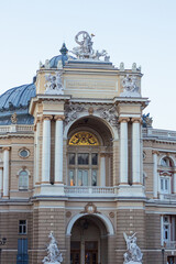 Close up view of the Odessa National Academic Theater of Opera and Ballet in Ukraine. Cultural Center on the Black Sea