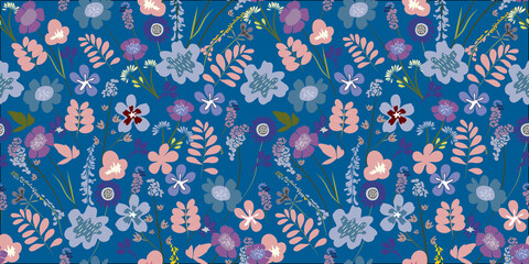 Blooming midsummer meadow seamless pattern. Plant background for fashion, wallpapers, print. A lot of different flowers on the field. Liberty style. Trendy floral design © Maratussolehah