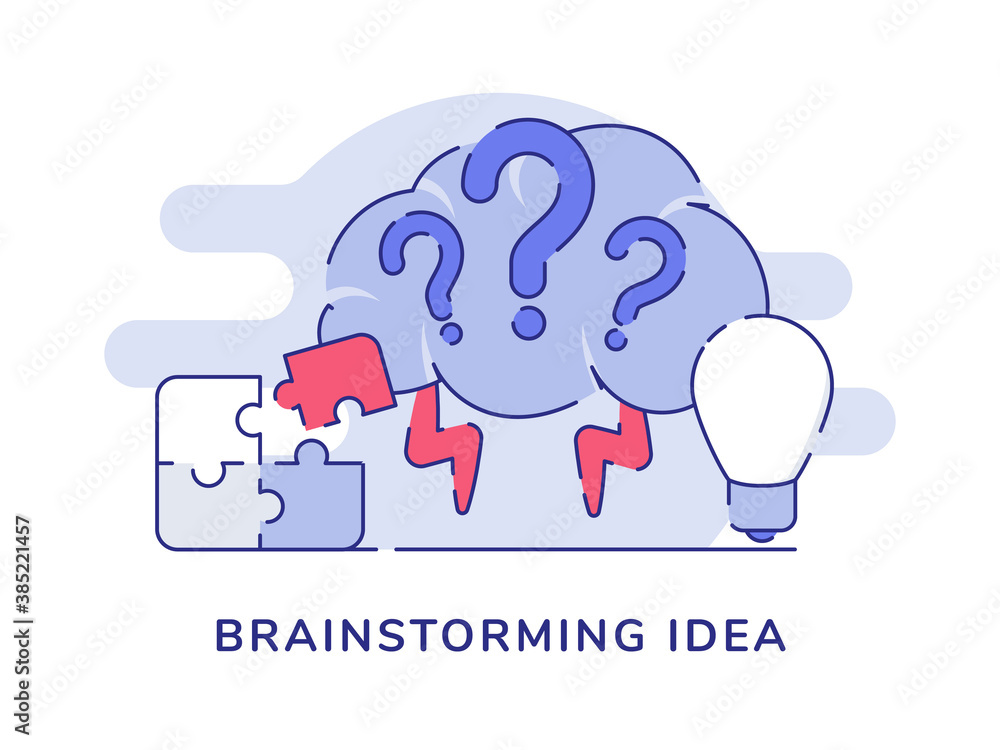 Poster brainstorming idea concept brain lightning question mark bulb lamp puzzle white isolated background 
