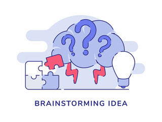 Brainstorming idea concept brain lightning question mark bulb lamp puzzle white isolated background with flat outline style