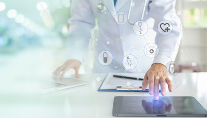 medical technology. doctor using digital tablet with screen interface and medical science icons.