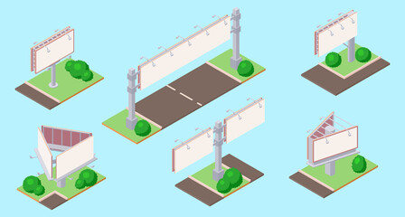 Isometric billboard on green ground near road for outdoor advertising.