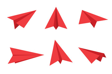 Red paper plane in different positions. Handmade paper airplane illustration isolated on white. Travel symbol