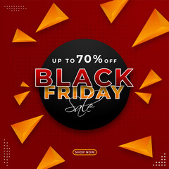 Black Friday Sale Poster Design with 70% Discount Offer and 3D Orange Triangle Shapes on Red Halftone Background.