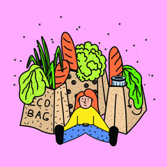 vector illustration girl with packages from organic food store.Healthy lifestyle, eco-friendly food in biodegradable bags.Shopping at the vegetable fair. Fresh greens, bread, milk, salad