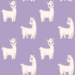 Cute cartoon white alpaca with light purple background. Seamless pattern for print, design, wallpaper, texture