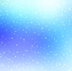 Light snow on blue bright empty background. Blur pattern. Soft texture for winter holidays design.