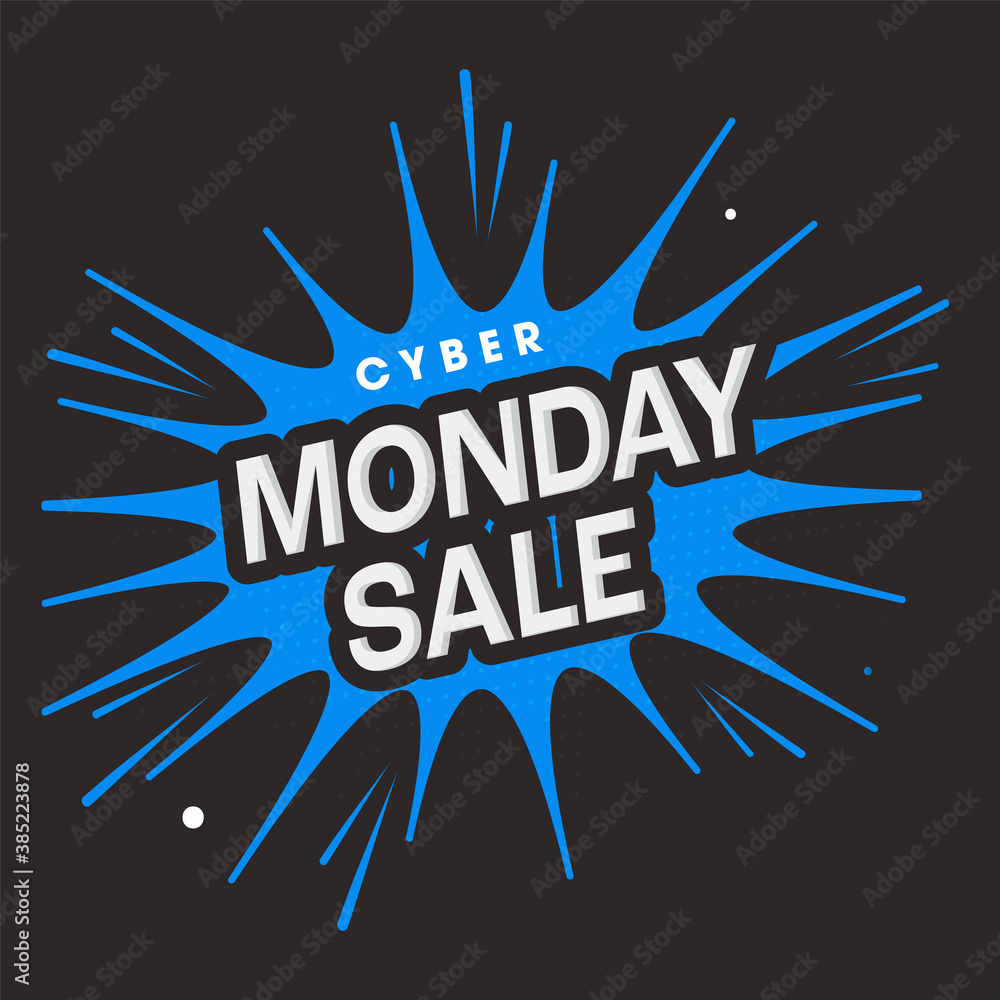 Poster cyber monday sale text on black and blue comic explosion bubble background.