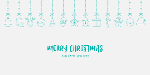 Christmas background with hanging icons and wishes. Xmas ornament. Vector