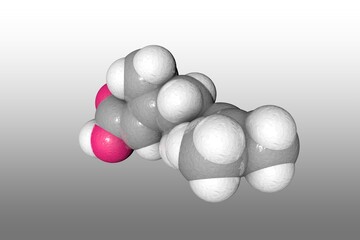 Molecular model of geranic acid. Atoms are represented as spheres with color coding: carbon (grey), oxygen (red), hydrogen (white). Scientific background. 3d illustration