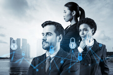 Group of business colleagues as a part of multinational corporate team working on project to protect clients information at cybersecurity compliance division. IT lock icons over Singapore